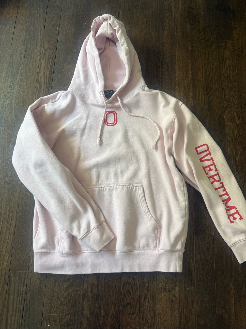 Light Pink Kids Hoodie with 'Overtime' Sleeve Graphic